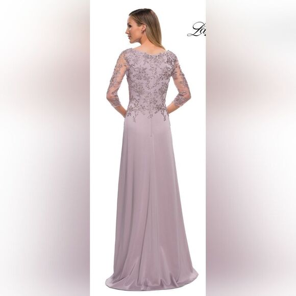 La Femme 29251 Illusion Sleeves Floral Top Dress NWT Sz 14 Light MAUVE/Pink - Picture 2 of 6